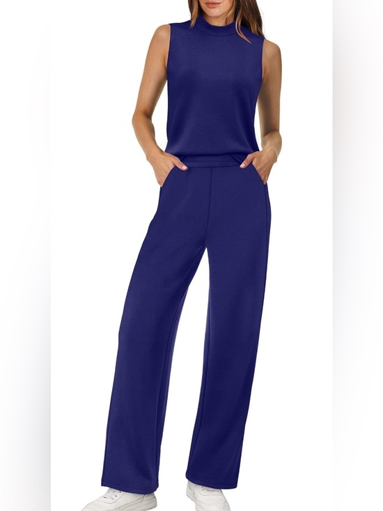 XIEERDUO Pants - Lightweight Sleeveless Mock Neck Wide-Leg Jumpsuit - Navy